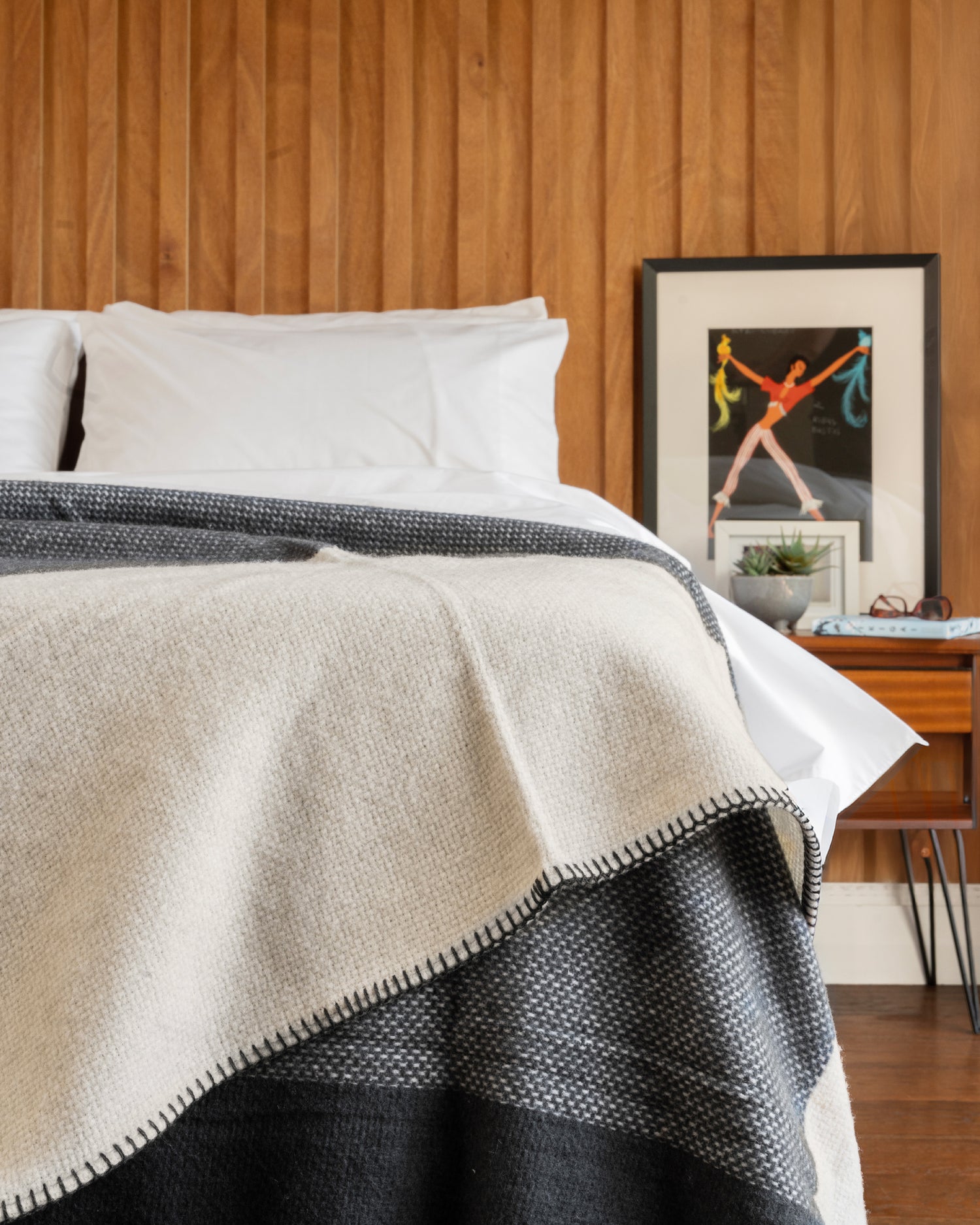 100% Wool Blanket Timeless design stitched on one edge.