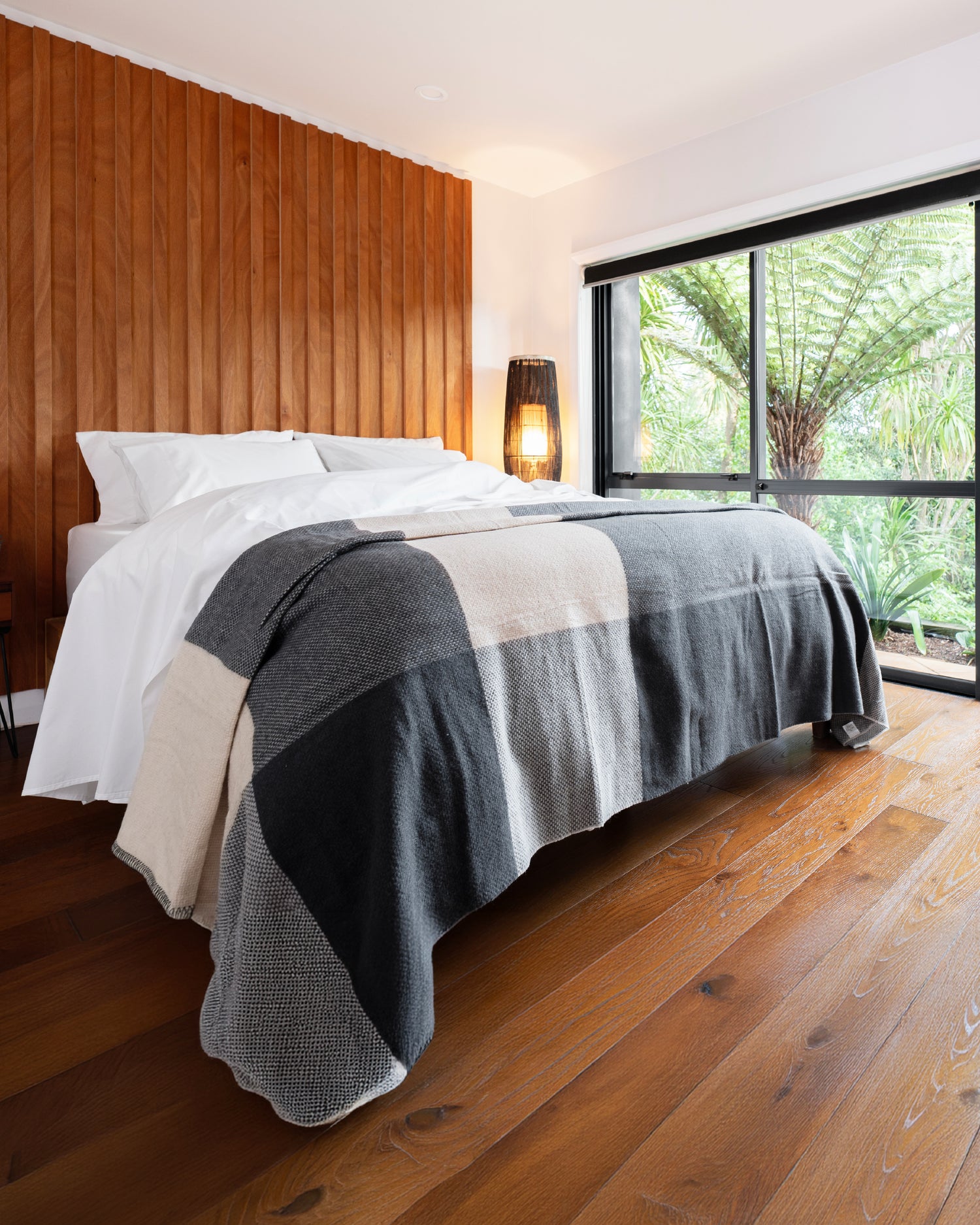 100% Pure Wool Blanket, classic pattern in graphite and oat neutral colour combination