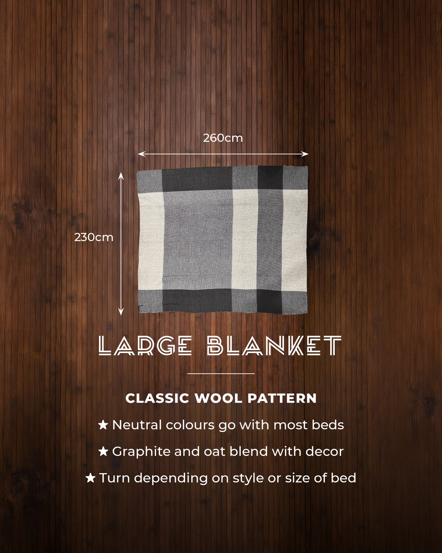 100% Pure Wool Blanket. Large bed-sized wool blanket. Keep at the foot of bed, pull-up when cold. Sewn to New Zealand bed size. Different drops depending on your mattress