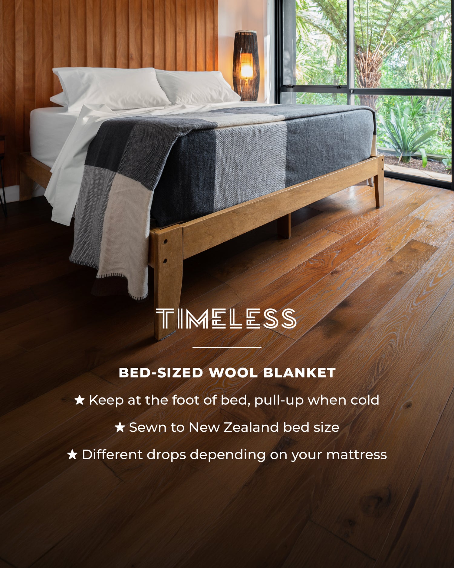 100% Pure Wool Bed-sized Blanket. Keep at the foot of bed, pull-up when cold. Sewn to New Zealand bed size. Different drops depending on your mattress